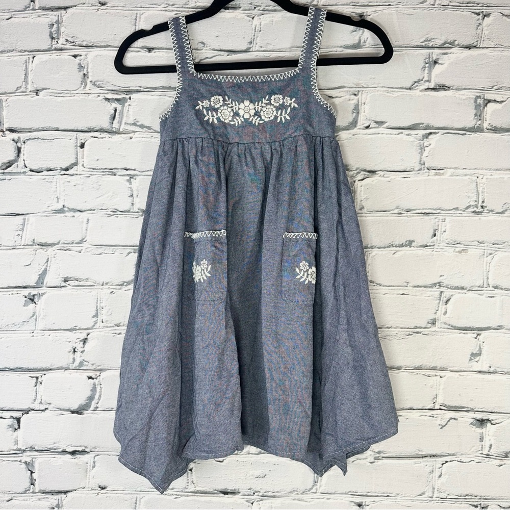 Arabella And Addison Girls Cotton Dress 7 Blue Chambray White Embroidered Floral